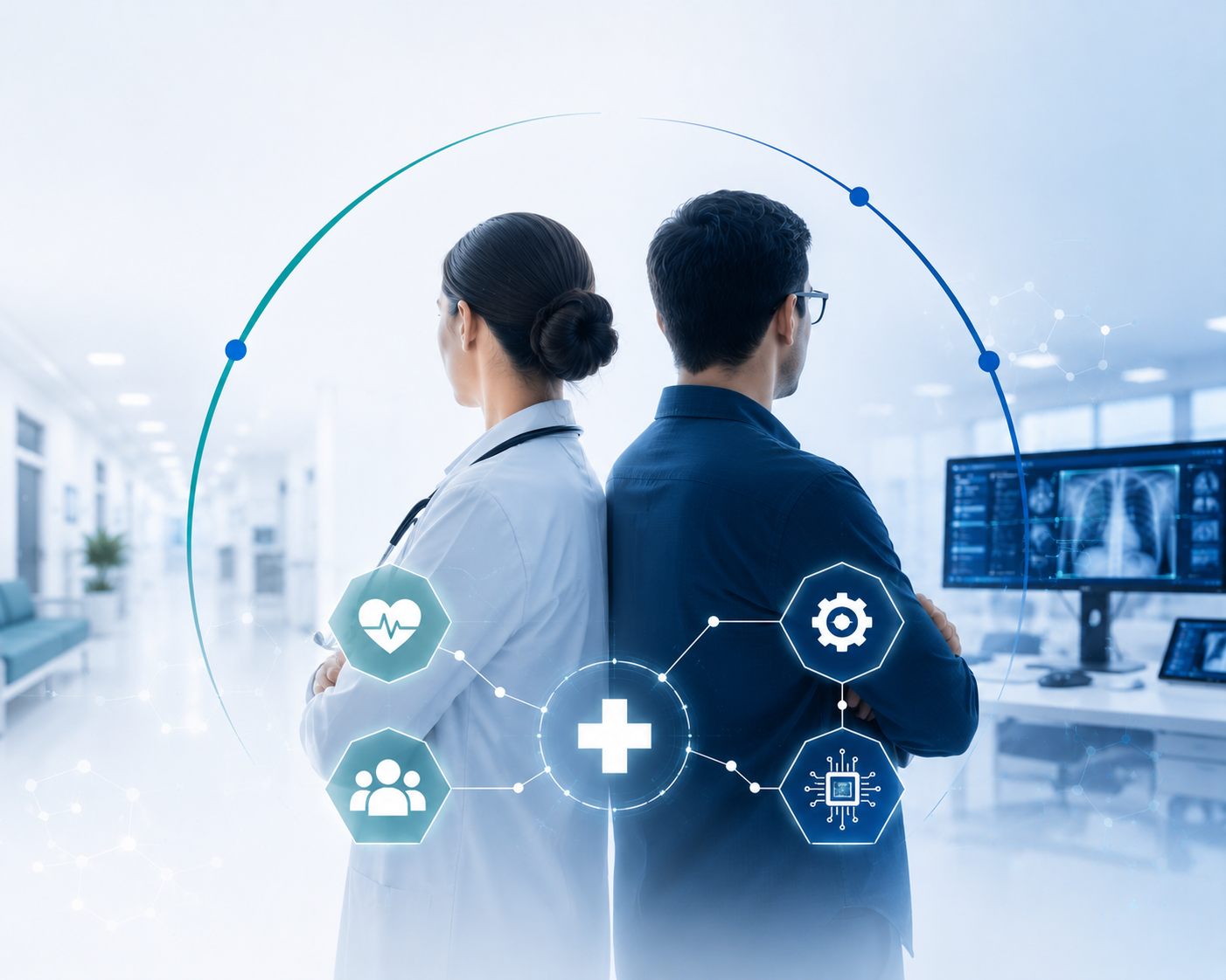 Clinicians and healthcare IT engineers collaborating on a digital hospital management platform