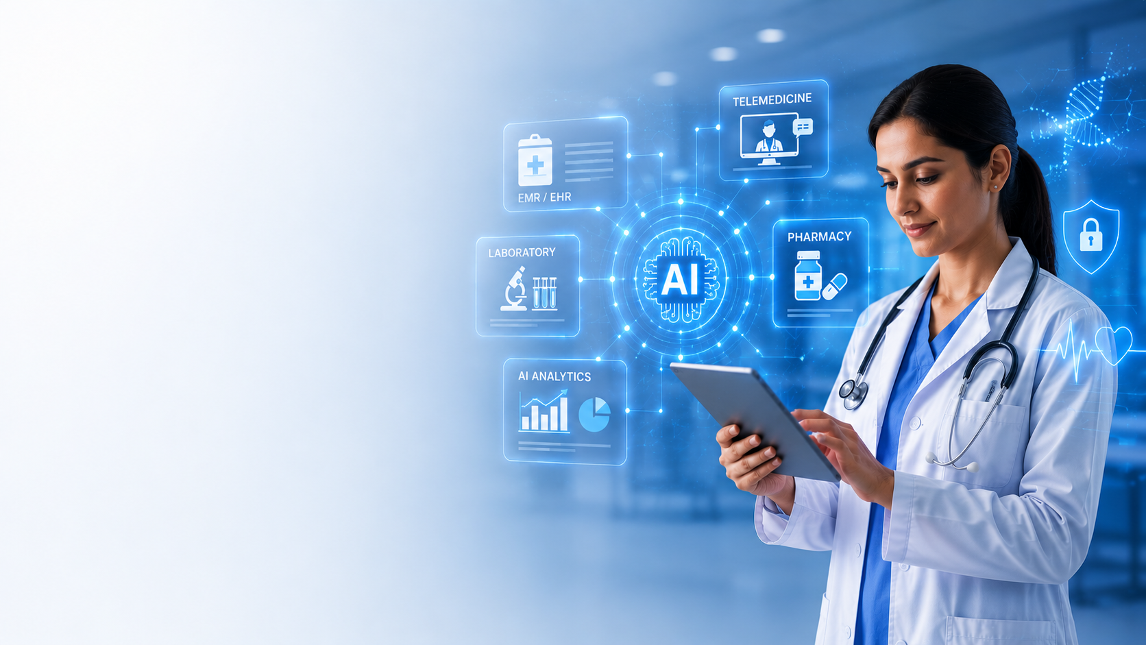 Clinician using a tablet with an AI diagnostics interface connecting EMR, laboratory, telemedicine, pharmacy, and analytics modules