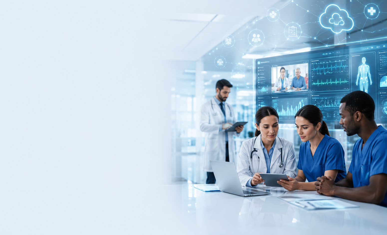 Healthcare team reviewing secure, role-based access dashboards together on a tablet